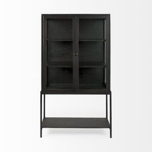Arelius 36L x 18W x 63H Black-Brown Wood W/ Black Metal Base Display Cabinet
