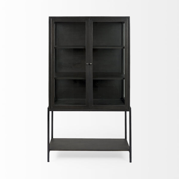 Arelius 36L x 18W x 63H Black-Brown Wood W/ Black Metal Base Display Cabinet