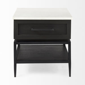 Divina Black-Brown Wood w/ White Marble Top and Black Metal Base 1 Drawer Side Table