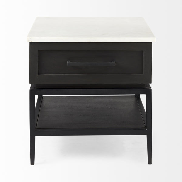 Divina Black-Brown Wood w/ White Marble Top and Black Metal Base 1 Drawer Side Table