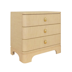 THREE DRAWER ROUNDED EDGE SIDE TABLE WITH BRASS BEETLE KNOB IN NATURAL GRASSCLOTH