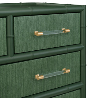 FOUR DRAWER CHEST WITH BAMBOO DETAIL IN GREEN DYED GRASSCLOTH AND DARK GREEN MATTE LACQUER