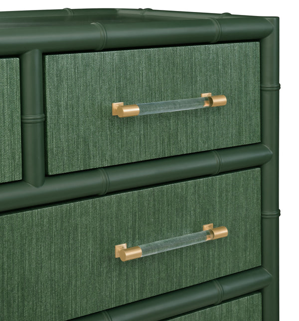 FOUR DRAWER CHEST WITH BAMBOO DETAIL IN GREEN DYED GRASSCLOTH AND DARK GREEN MATTE LACQUER