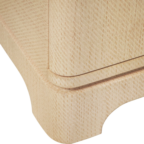 SIX DRAWER ROUNDED EDGE CHEST WITH BRASS BEETLE KNOB IN NATURAL GRASSCLOTH