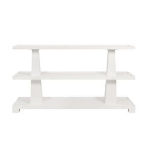 THREE TIER TWO COLUMN CONSOLE IN TEXTURED WHITE LINEN