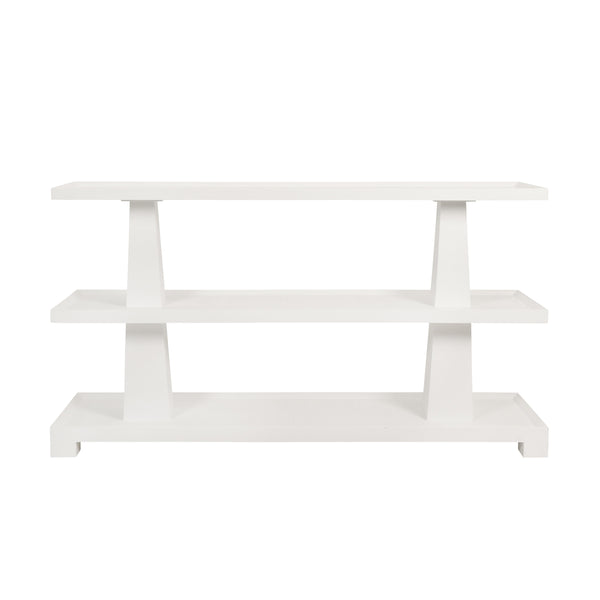 THREE TIER TWO COLUMN CONSOLE IN TEXTURED WHITE LINEN