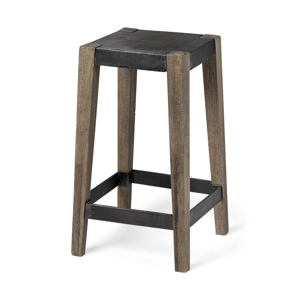 Nell 26" Seat Height Black Metal Seat & Foot Rest With Brown Wood Legs Stool