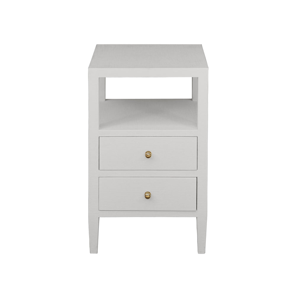 TWO DRAWER SIDE TABLE IN COATED WHITE LINEN