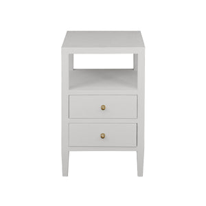 TWO DRAWER SIDE TABLE IN COATED WHITE LINEN