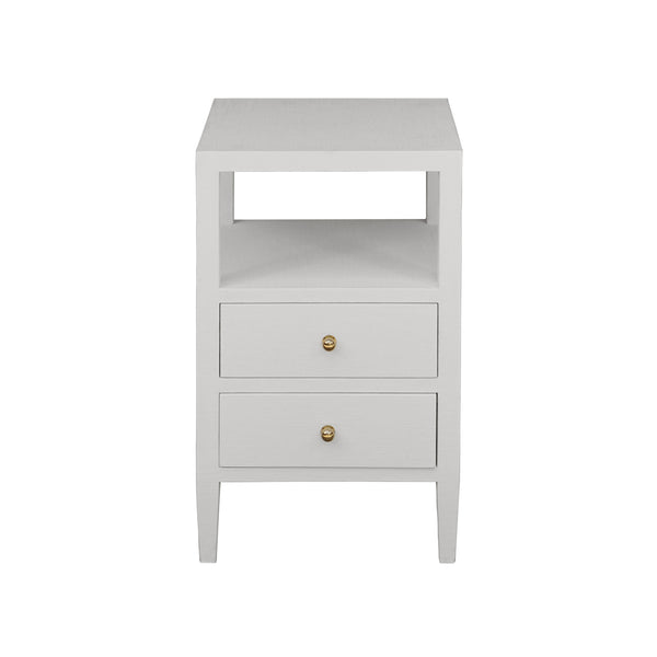 TWO DRAWER SIDE TABLE IN COATED WHITE LINEN