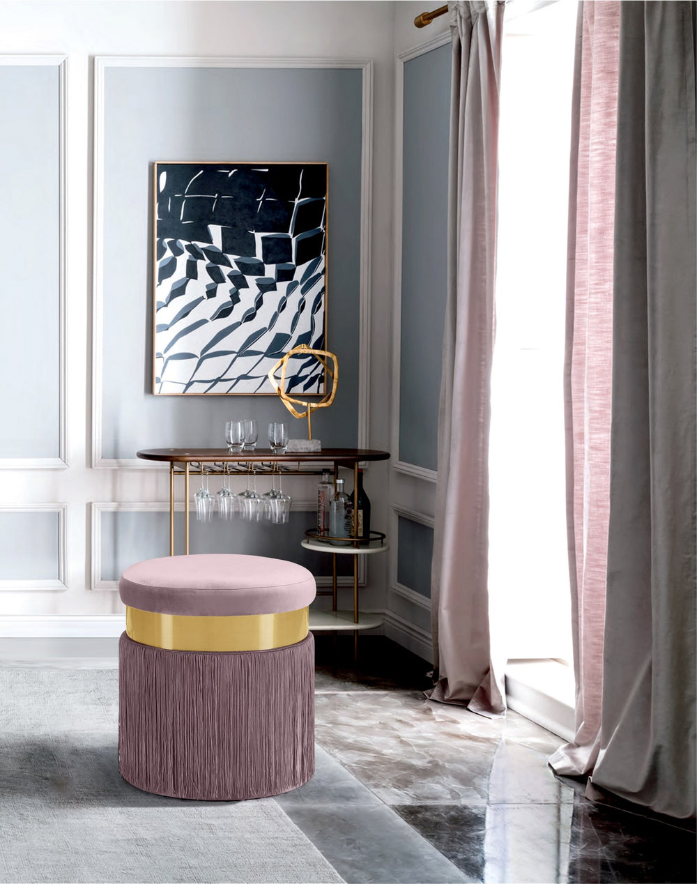 Edna Ottoman/Stool In Pink Velvet