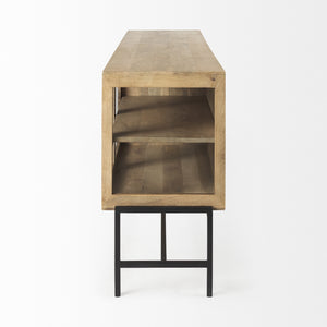 Arelius 70L x 18W x 32H Light Brown Wood, Black Metal Base w/ 4 Glass Cabinet Doors Sideboard
