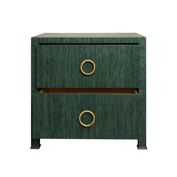TWO DRAWER SIDE TABLE WITH ANTIQUE BRASS CIRCLE HARDWARE IN DYED GREEN GRASSCLOTH