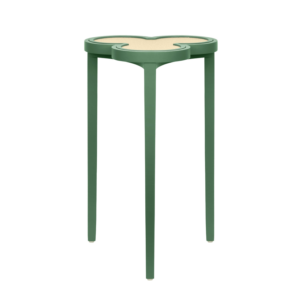 CLOVER CIGAR TABLE WITH REVERSIBLE LACQUER AND NATURAL GRASSCLOTH TOP IN MATTE GREEN LACQUER