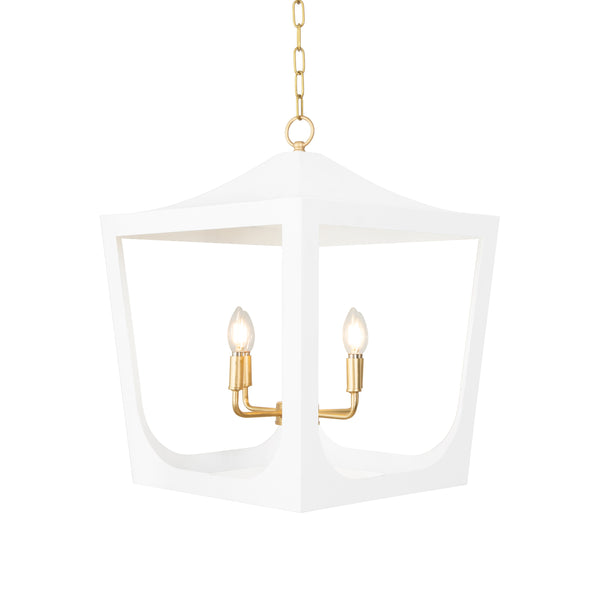 MODERN PAGODA LANTERN WITH FOUR LIGHT GOLD LEAF CLUSTER, BODY IN WHITE POWDER COAT