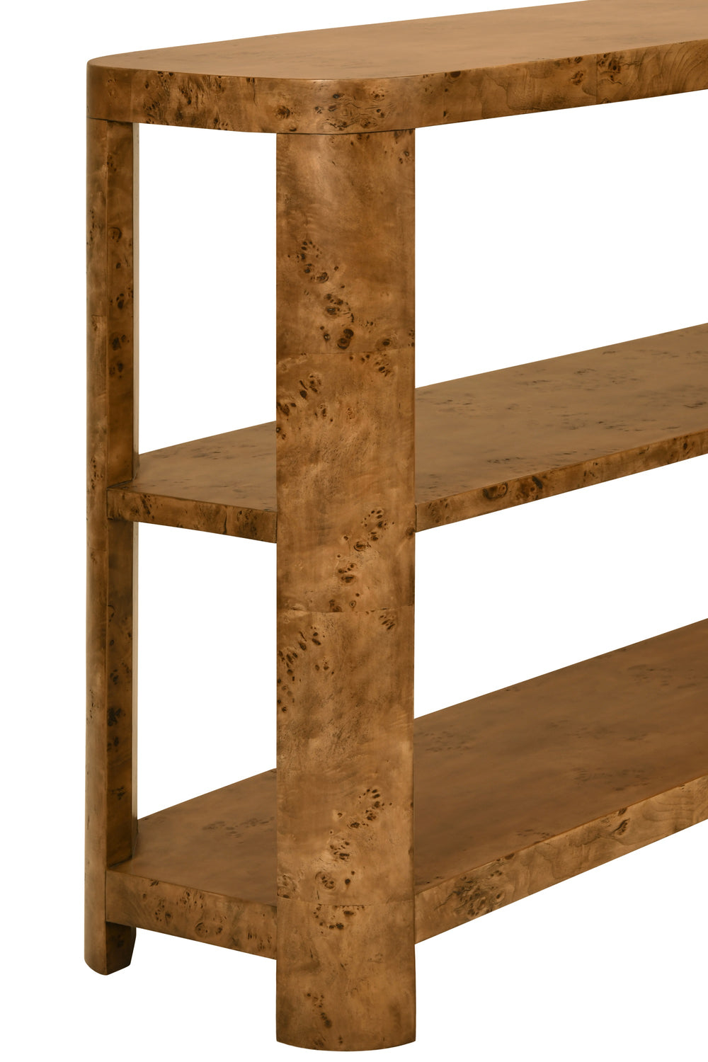 TIER TIER CONSOLE WITH CURVED CORNERS IN DARK BURL WOOD