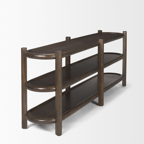 Romi Dark Brown Wood w/ 3 Shelves Oval Console Table