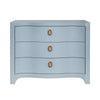 CURVED FRONT CHEST WITH THREE DRAWERS IN WHITE LIGHT BLUE TEXTURED LINEN WITH SATIN BRASS RING HARDWARE