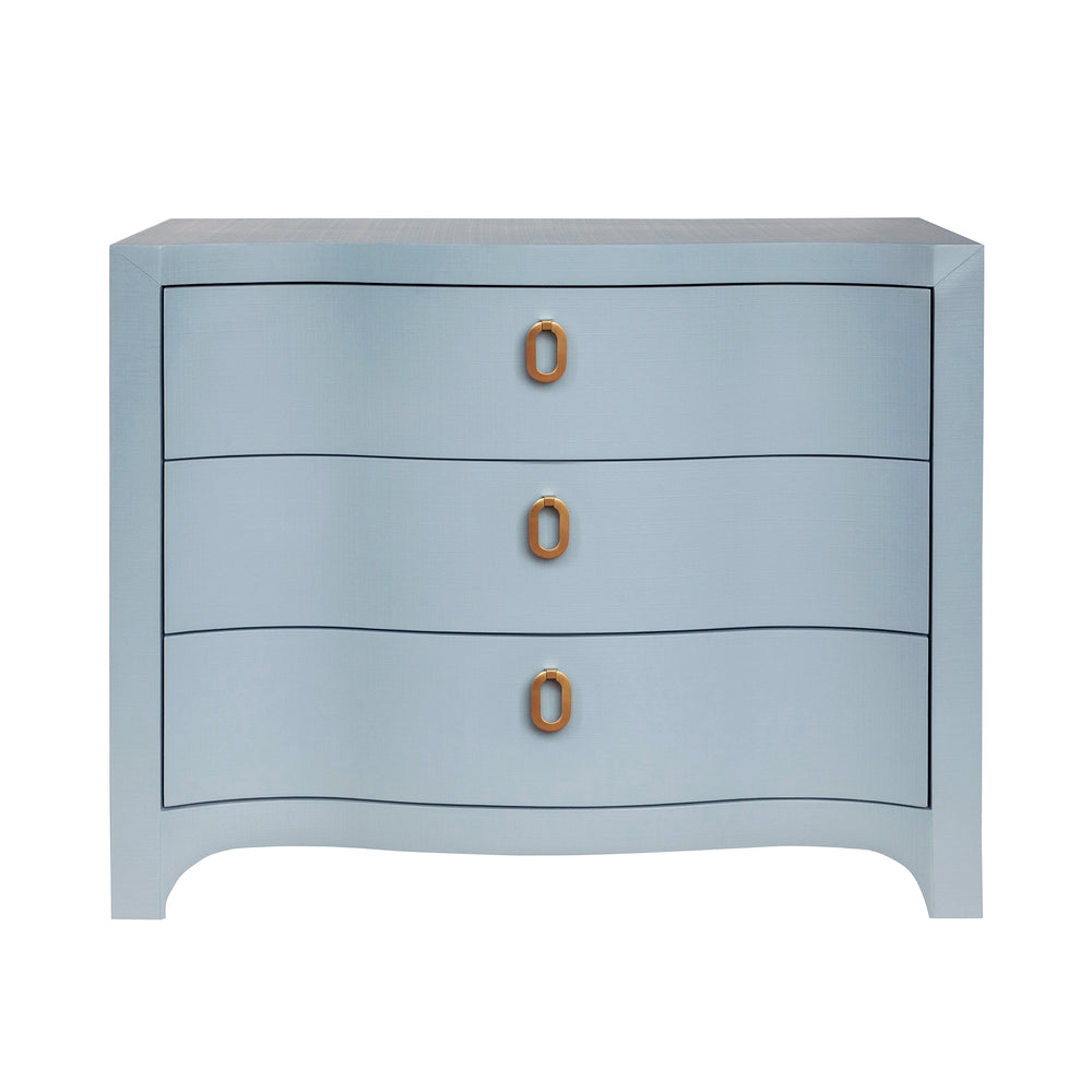 CURVED FRONT CHEST WITH THREE DRAWERS IN WHITE LIGHT BLUE TEXTURED LINEN WITH SATIN BRASS RING HARDWARE