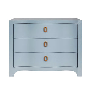 CURVED FRONT CHEST WITH THREE DRAWERS IN WHITE LIGHT BLUE TEXTURED LINEN WITH SATIN BRASS RING HARDWARE