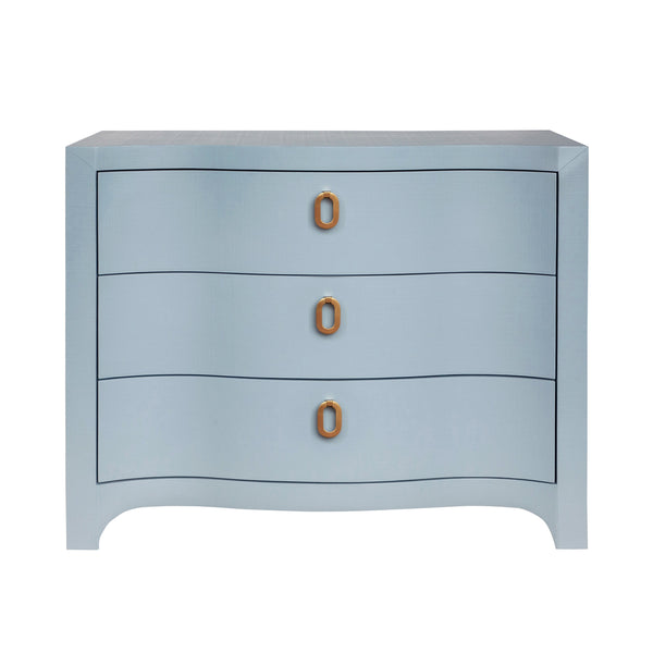 CURVED FRONT CHEST WITH THREE DRAWERS IN WHITE LIGHT BLUE TEXTURED LINEN WITH SATIN BRASS RING HARDWARE
