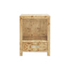 ONE DRAWER SIDE TABLE WITH ACRYLIC HARDWARE IN BURL WOOD