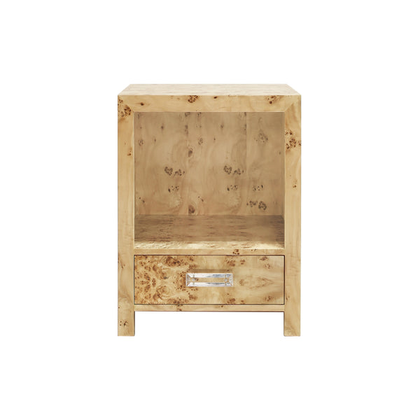 ONE DRAWER SIDE TABLE WITH ACRYLIC HARDWARE IN BURL WOOD