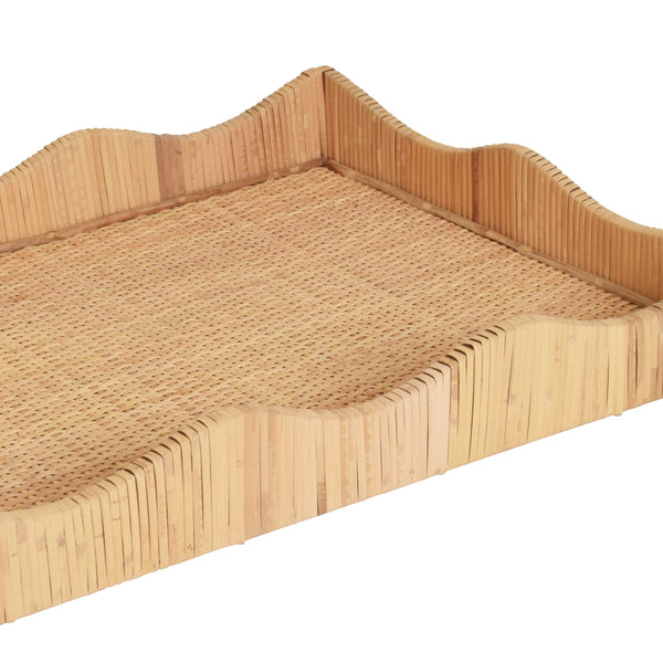 RECTANGULAR NATURAL RATTAN WRAPPED TRAY WITH WAVE SHAPED EDGE