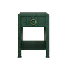 ONE DRAWER SIDE TABLE WITH ANTIQUE BRASS CIRCLE HARDWARE IN DYED GREEN GRASSCLOTH