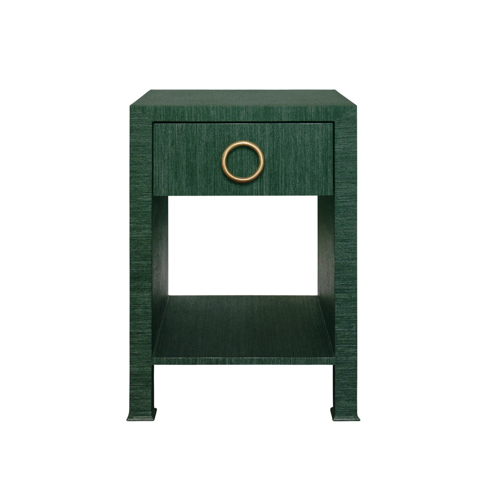 ONE DRAWER SIDE TABLE WITH ANTIQUE BRASS CIRCLE HARDWARE IN DYED GREEN GRASSCLOTH