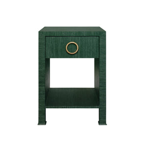 ONE DRAWER SIDE TABLE WITH ANTIQUE BRASS CIRCLE HARDWARE IN DYED GREEN GRASSCLOTH