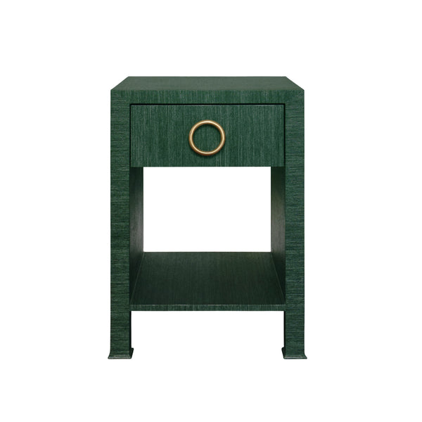 ONE DRAWER SIDE TABLE WITH ANTIQUE BRASS CIRCLE HARDWARE IN DYED GREEN GRASSCLOTH
