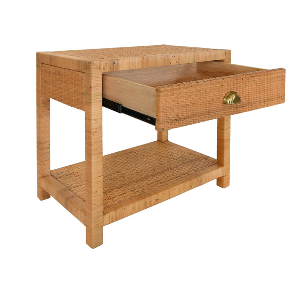 ONE DRAWER END TABLE IN RATTAN WITH BRUSHED BRASS CUP PULL