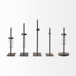 Jarvis Set of Five Dark Brown Metal and Glass Chemistry Inspired Bottles