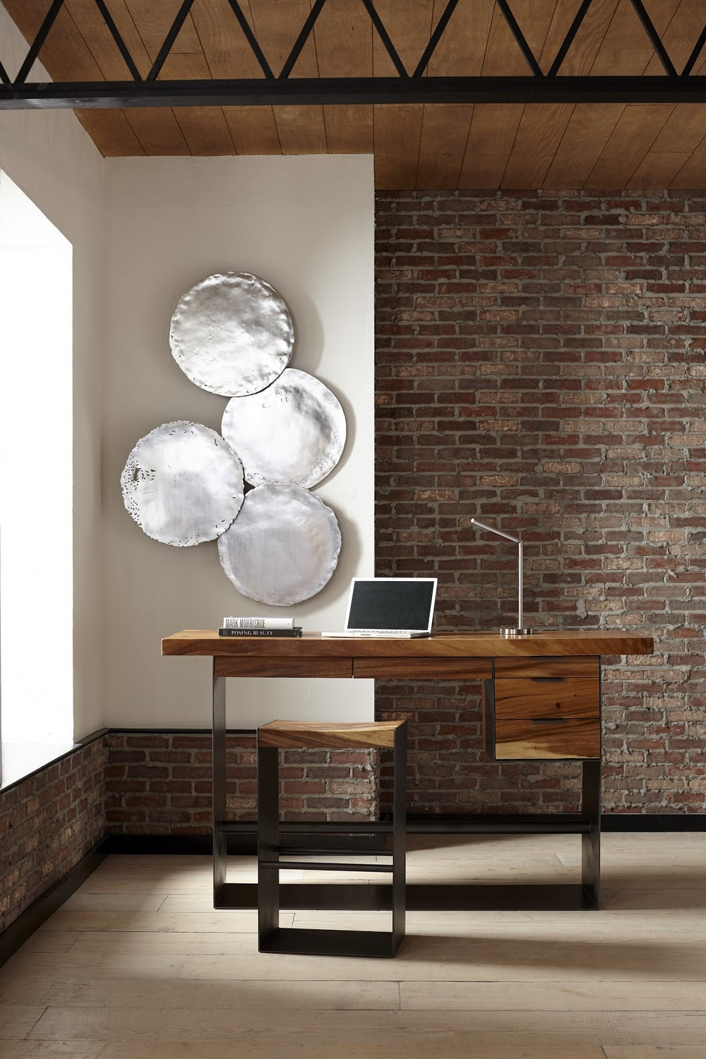 Iron Frame Standing Desk with Drawers, Chamcha Wood, Natural, Bar Height 