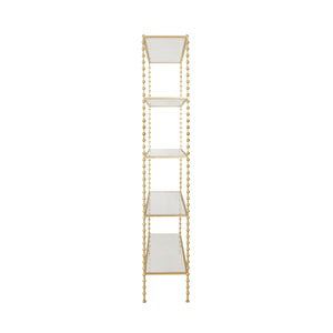 BALL LINED ETAGERE WITH CLEAR GLASS SHELVES IN GOLD LEAF