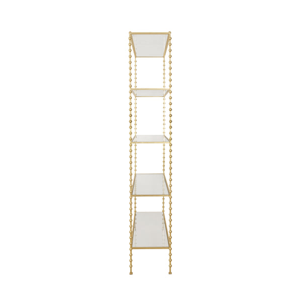 BALL LINED ETAGERE WITH CLEAR GLASS SHELVES IN GOLD LEAF