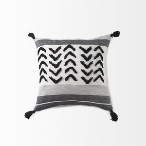 Kimia 20L x 20W White and Black Fabric Herringbone and Fringed Decorative Pillow Cover