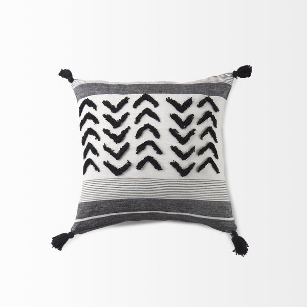 Kimia 20L x 20W White and Black Fabric Herringbone and Fringed Decorative Pillow Cover