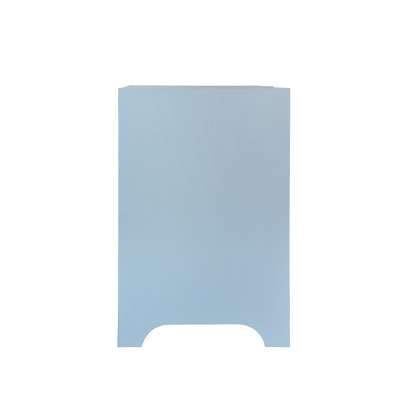 CURVED FRONT SIDE TABLE WITH TWO DRAWERS IN LIGHT BLUE TEXTURED LINEN WITH SATIN BRASS RING HARDWARE