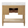 BATH VANITY IN CERUSED OAK WITH OPEN CANE SHELF, WHITE MARBLE TOP, PORCELAIN SINK, AND ANTIQUE BRASS RING HARDWARE