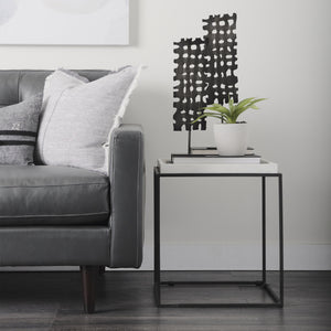 Nathan II 18" x 20" Square Top White Marble and Black Metal End/Side Table