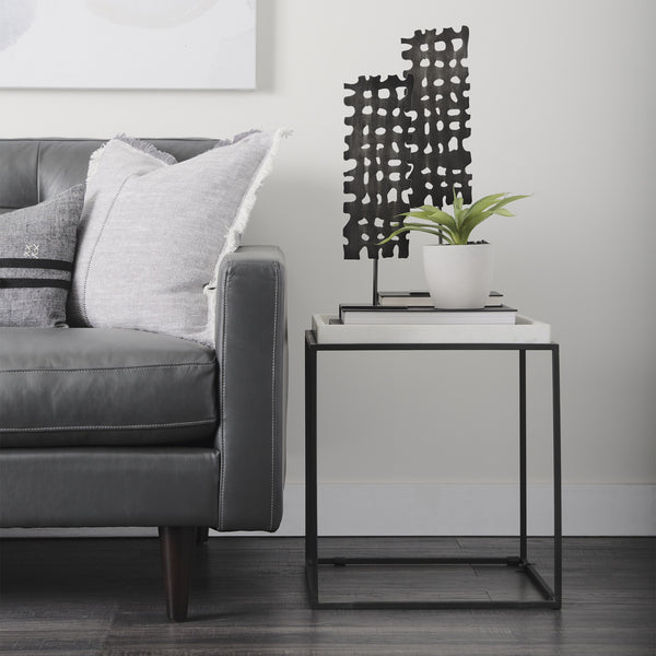 Nathan II 18" x 20" Square Top White Marble and Black Metal End/Side Table