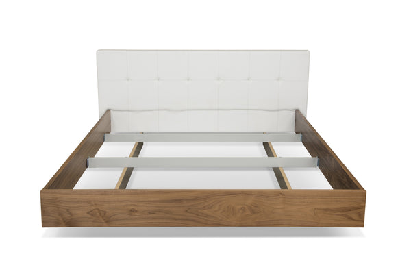 Floating modern King Bed - White Upholstery, Wood