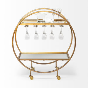 Carola Gold Frame Two-Tier Glass Shelves w/Stemware Holder Bar Cart