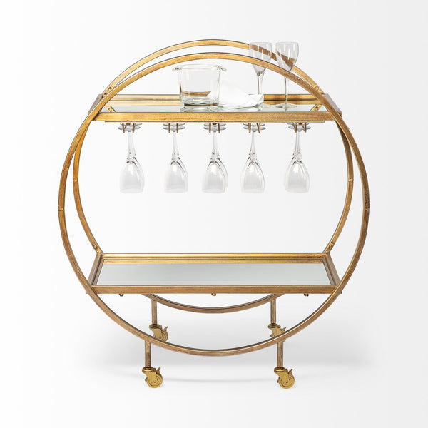 Carola Gold Frame Two-Tier Glass Shelves w/Stemware Holder Bar Cart