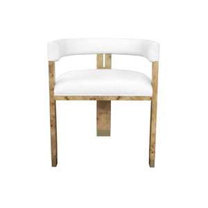 MODERN CHAIR IN BURL WOOD WITH WHITE LINEN UPHOLSTERY