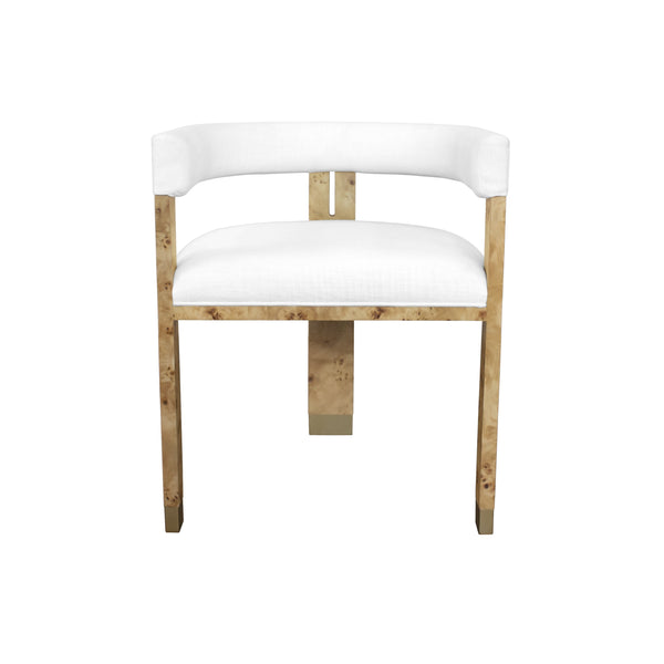 MODERN CHAIR IN BURL WOOD WITH WHITE LINEN UPHOLSTERY