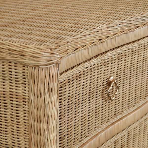 FOUR DRAWER CHEST IN WOVEN RATTAN WITH SATIN BRASS PULLS
