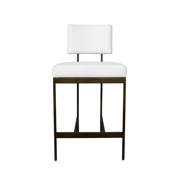 MODERN COUNTER STOOL WITH WHITE VINYL CUSHION IN BRONZE